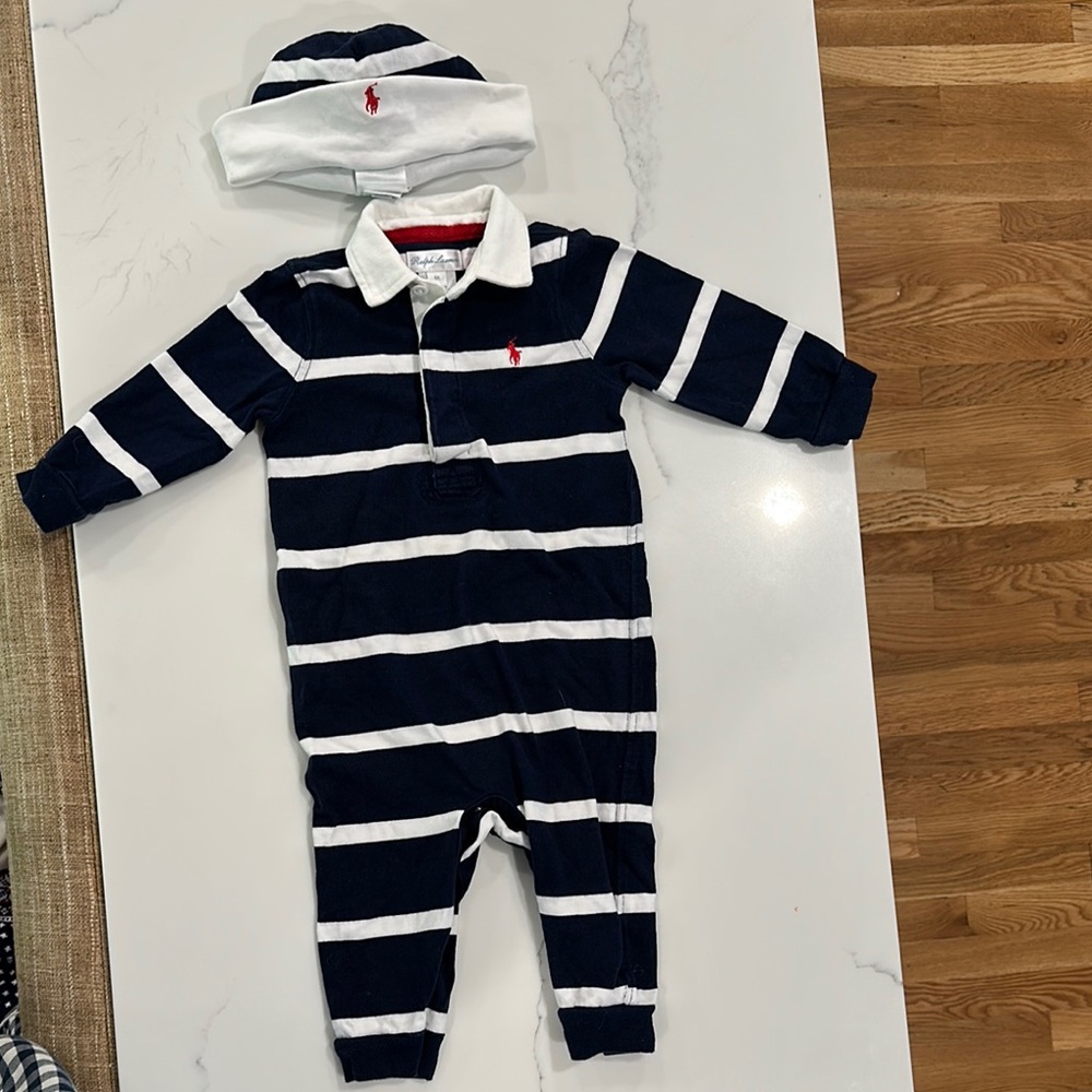 Ralph Lauren Striped Navy and White Baby Footie onesie jumpsuit playsuit